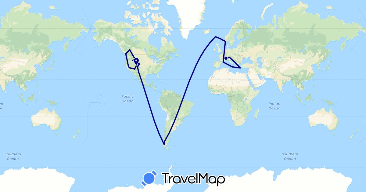 TravelMap itinerary: driving in Argentina, Canada, Chile, Spain, Faroe Islands, France, Greece, Italy, Norway, United States (Europe, North America, South America)